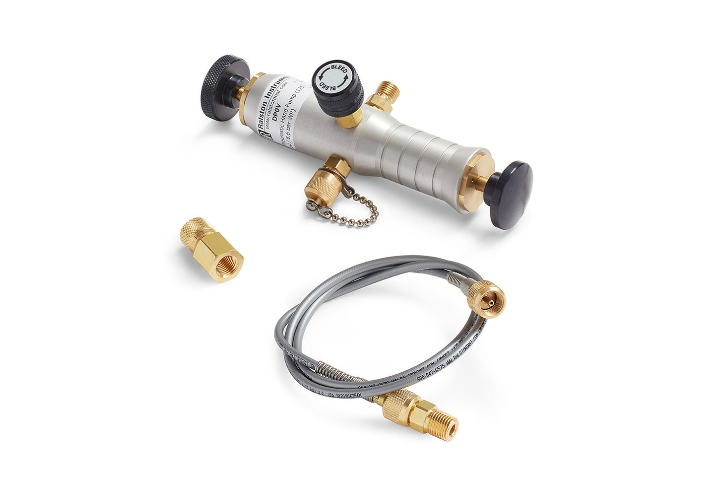 DP0V-2FBA (125 psi / 8.6 bar) pump, 1/4" female NPT gauge adapter, 3ft hose, 1/4" MNPT process conn.